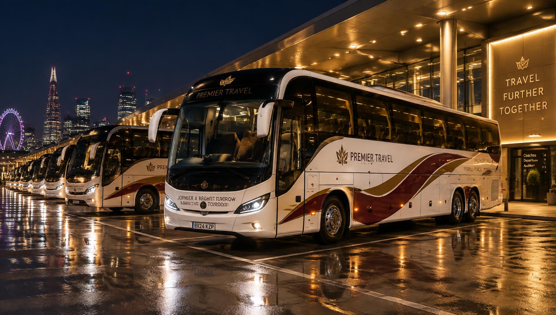 Shree Veer Travels coach fleet lit up at night